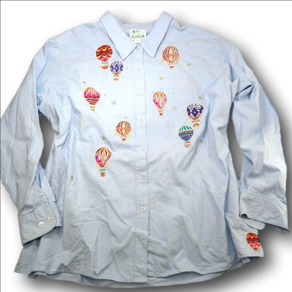 The Quacker Factory Tops - Women's The Quacker Factory Light Blue Hot Air Balloon Button Down 3X